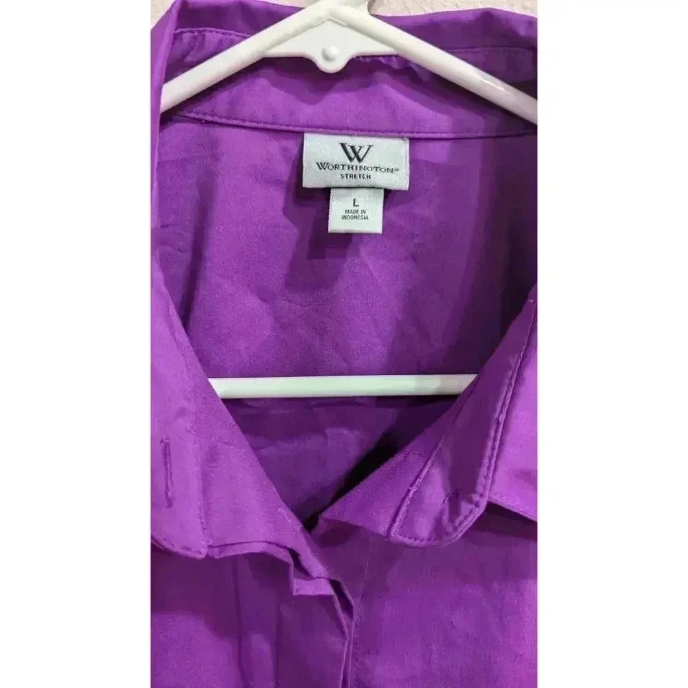 Purple short sleeve button up dress blouse, Worthington size Large - Picture 2 of 8
